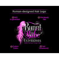 Hair Extension logo design with pink hair and glitter lettering, print ready files, all human designed 